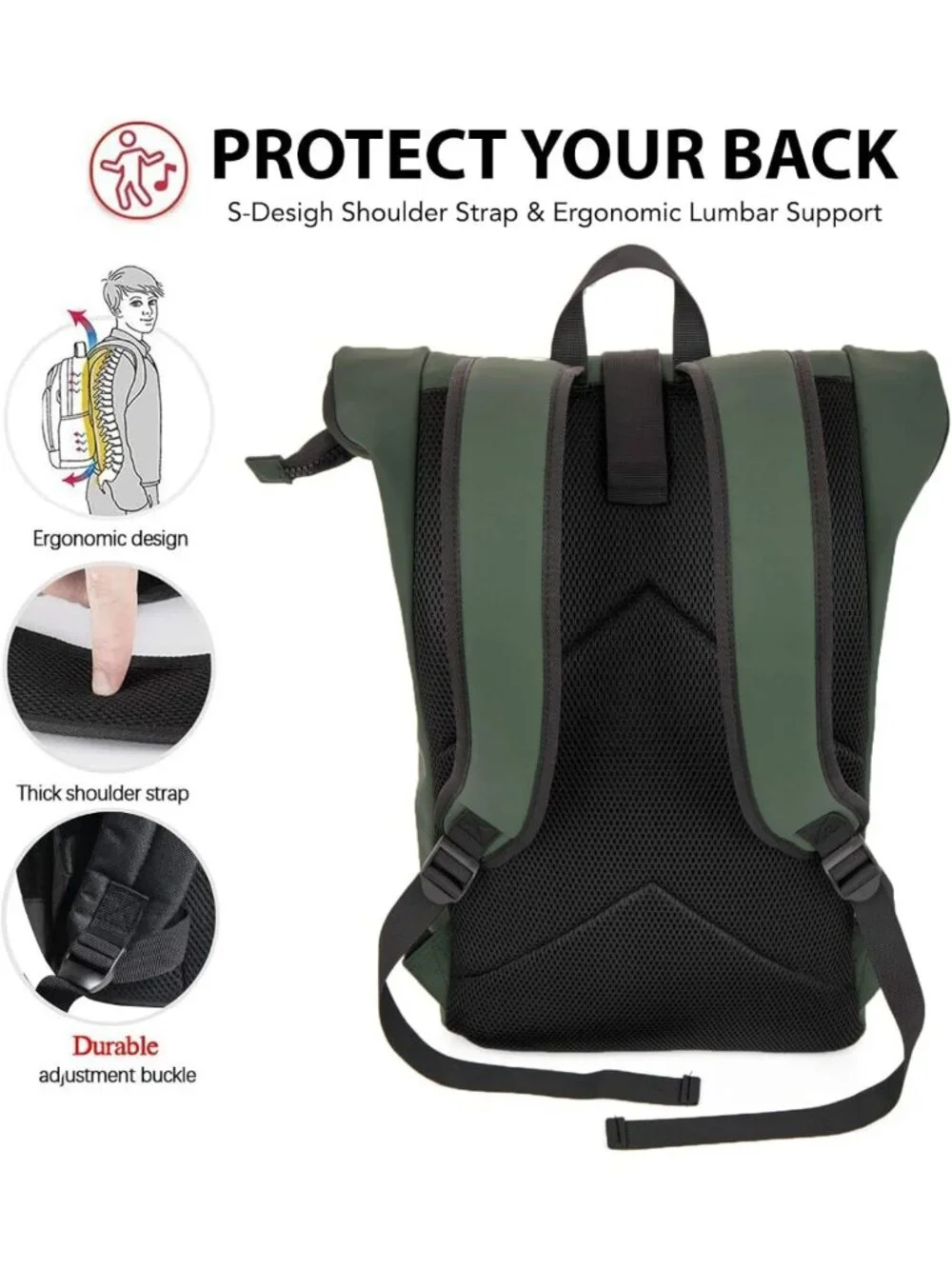 Expandable Roll Top Laptop Backpack, PU Leather, Adjustable 22L Capacity, Fits